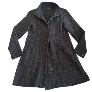 Eileen Fisher Wool Cotton Longline Jacket S Black Textured‎ Button Front Coat